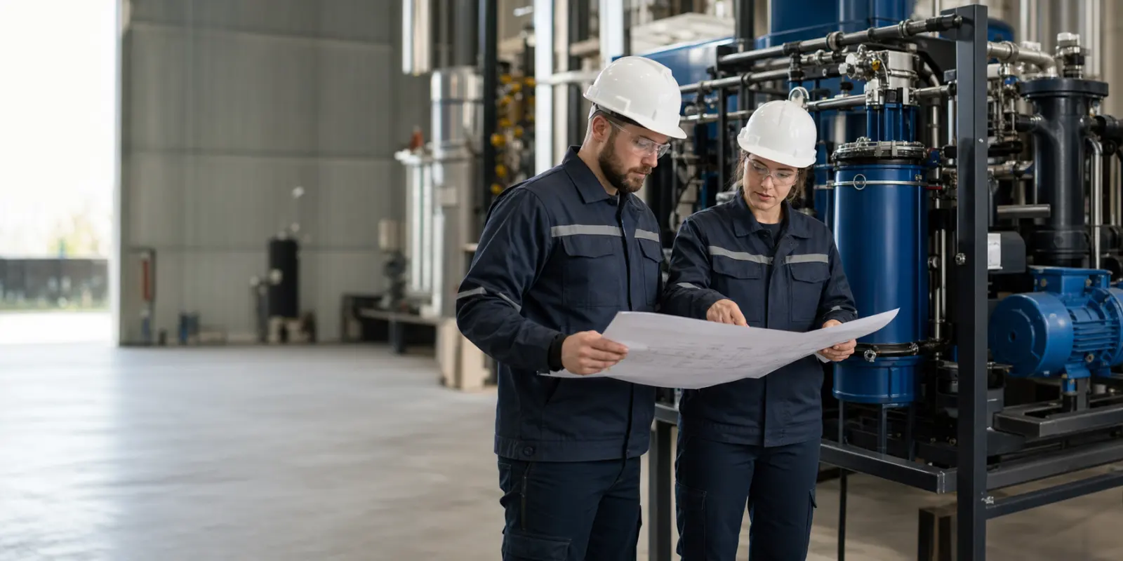 Reliability engineers reviewing an oil filtration installation in an Indian plant
