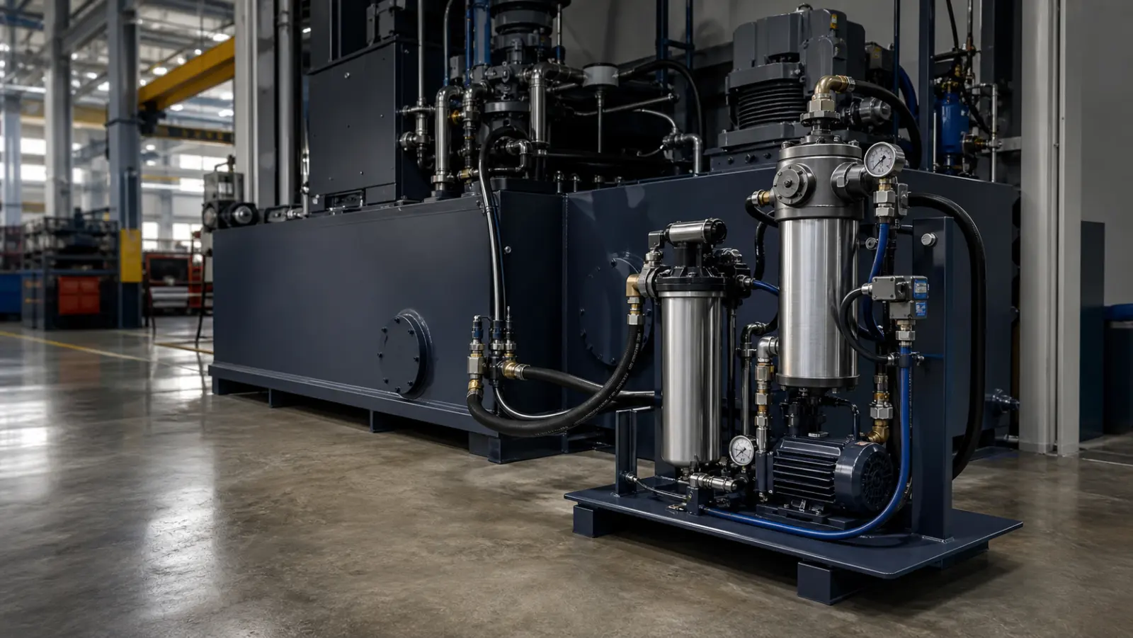 CJC offline oil filtration unit installed beside a hydraulic reservoir in an Indian plant