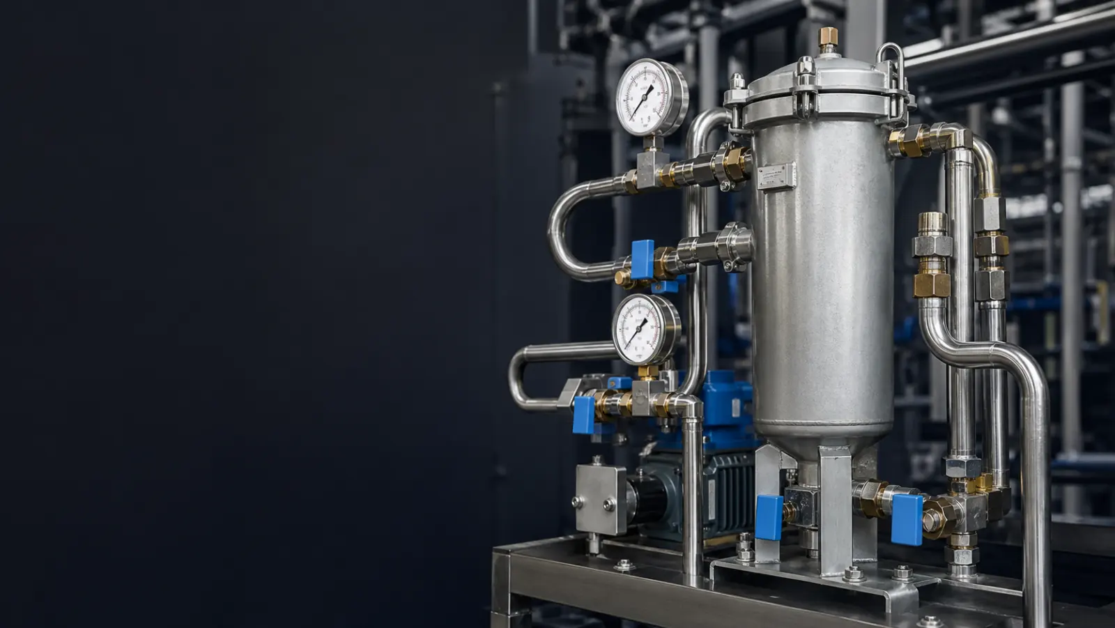 Close view of a CJC offline depth filtration unit and the oil circuit hardware around it